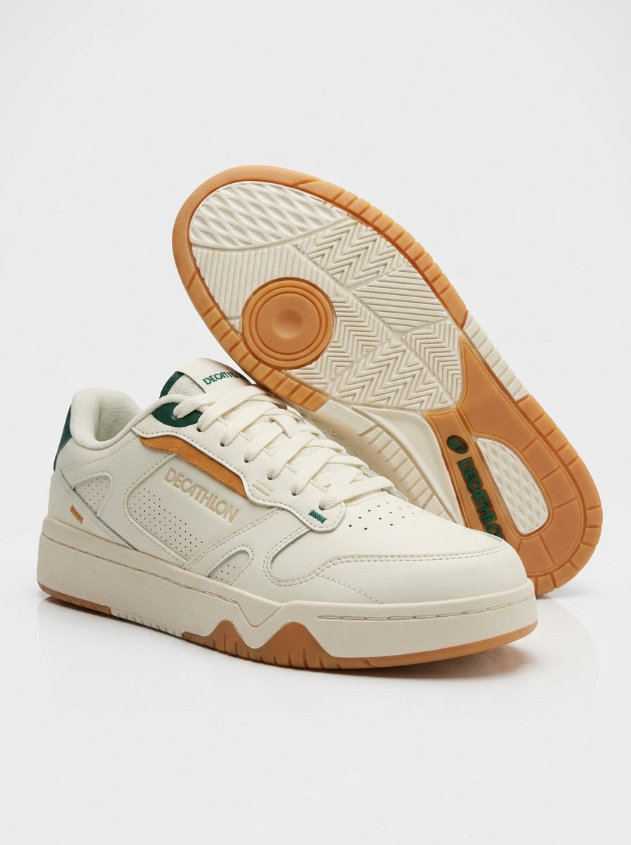 Decathlon Men's Retro Court Sneakers – Classic Low-Top Skate & Streetwear Shoes | Off-White Cream, Forest Green & Ochre Gum Sole