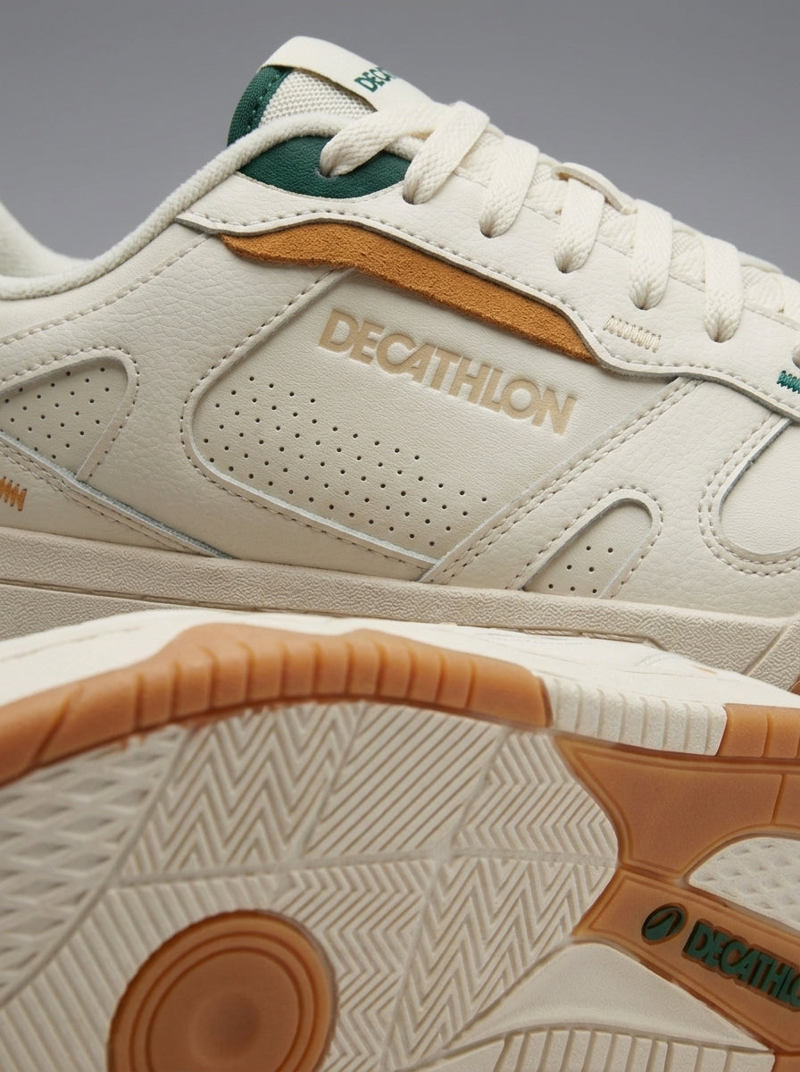 Decathlon Men's Retro Court Sneakers – Classic Low-Top Skate & Streetwear Shoes | Off-White Cream, Forest Green & Ochre Gum Sole