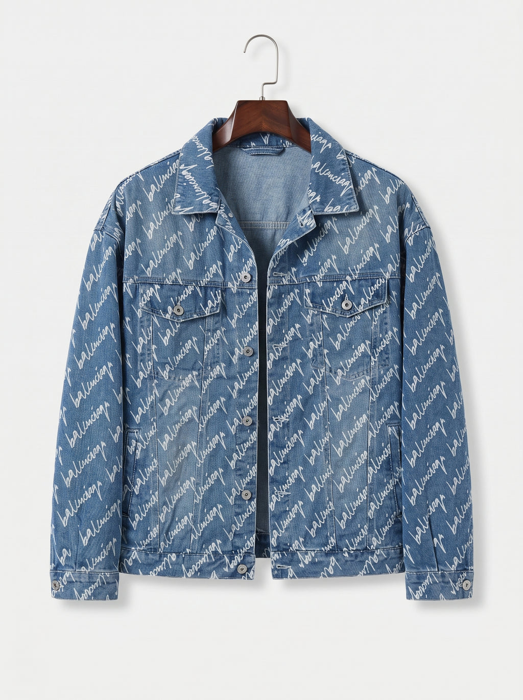 Balenciaga Cursive Logo Print Denim Jacket – Men's Luxury Light Blue Button-Up Jean Jacket