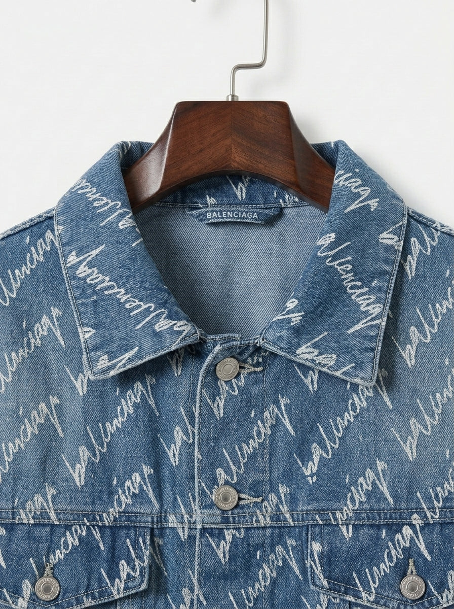 Balenciaga Cursive Logo Print Denim Jacket – Men's Luxury Light Blue Button-Up Jean Jacket