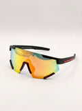 Premium Athletic Shield Sunglasses – Matte Black Sport Performance Eyewear with Iridescent Mirrored Wrap Lens & Red Racing Accents