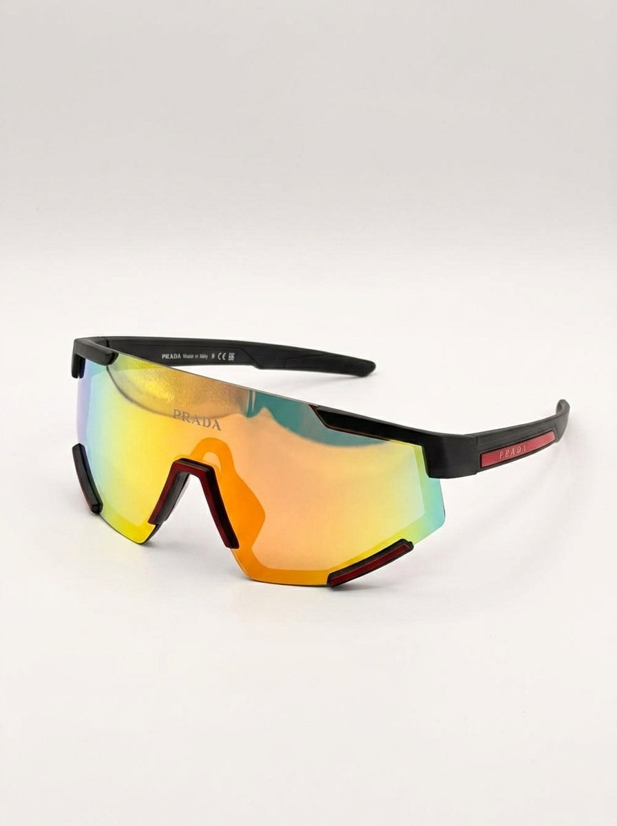 Premium Athletic Shield Sunglasses – Matte Black Sport Performance Eyewear with Iridescent Mirrored Wrap Lens & Red Racing Accents