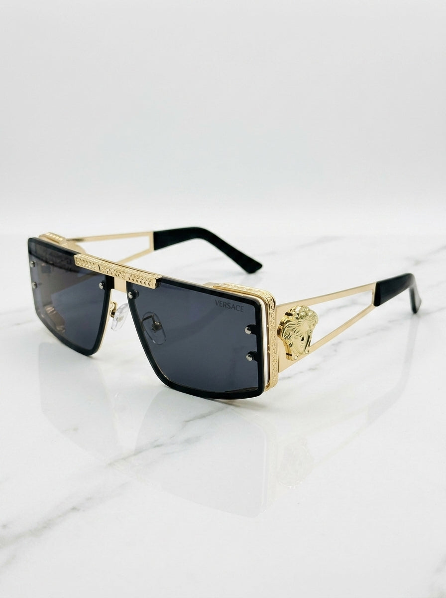 Luxury Shield Aviator Sunglasses for Men & Women – Premium Gold Metal Framework, Rimless Tinted Flat Top Lenses, High-Fashion Streetwear Eyewear