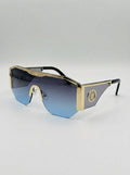 Luxury Blue Gradient Shield Sunglasses – Premium Gold Metal Framework, Rimless Flat Top Oversized Visor Eyewear with Statement Temples