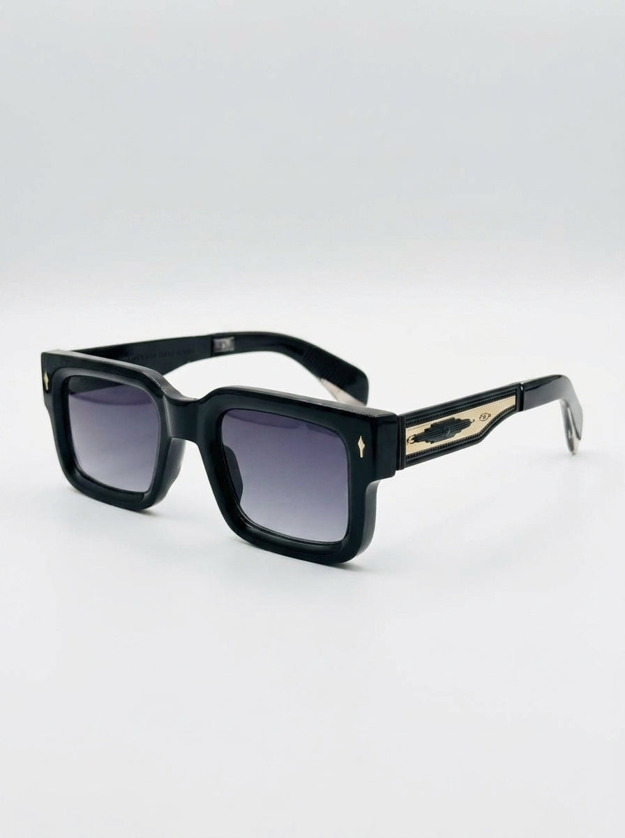Luxury Black Square Sunglasses for Men & Women – Premium Acetate Geometric Eyewear with Gold Hardware & Tinted Lenses