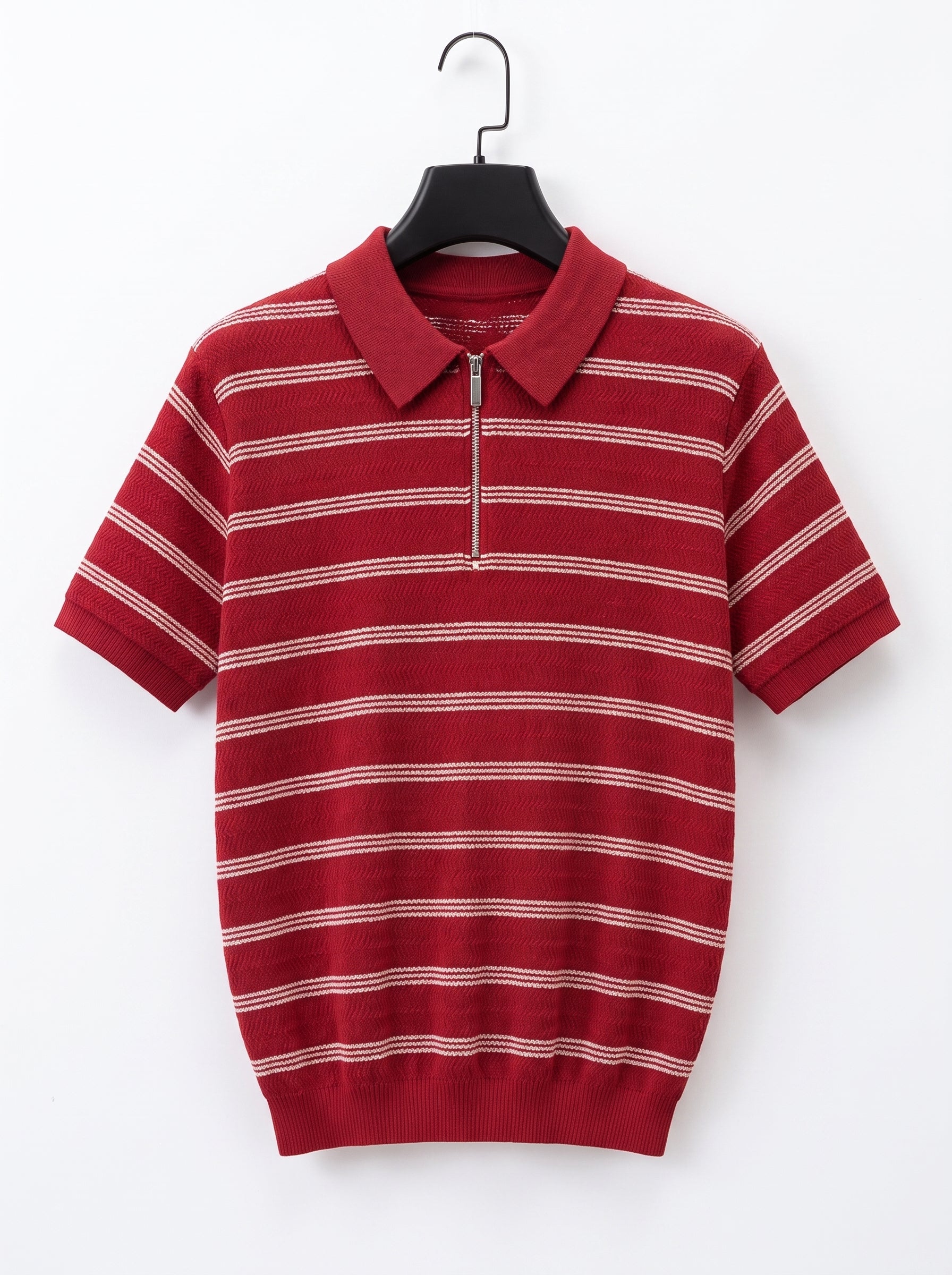Men's Quarter-Zip Knit Polo Shirt – Short Sleeve Striped Textured Polo, Crimson Red Vintage Sweater Shirt