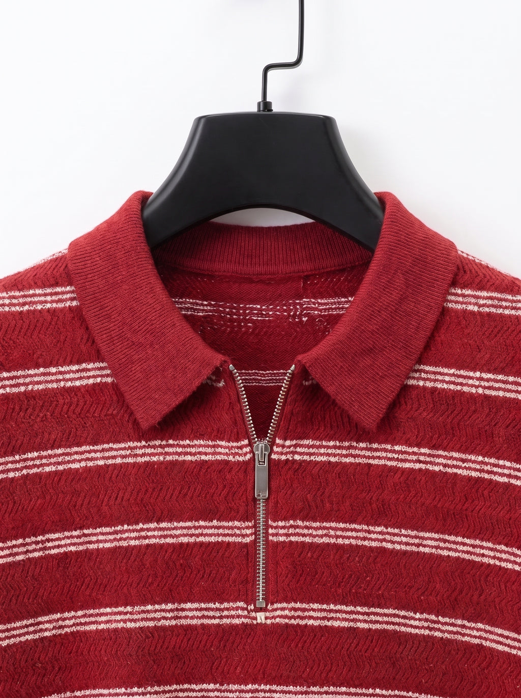 Men's Quarter-Zip Knit Polo Shirt – Short Sleeve Striped Textured Polo, Crimson Red Vintage Sweater Shirt