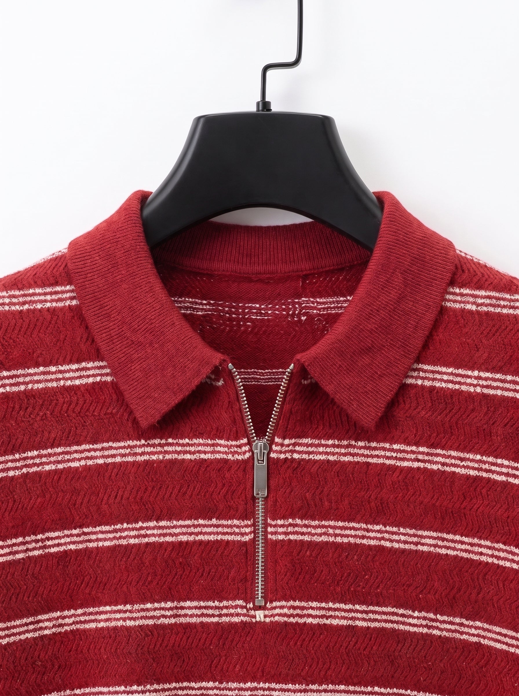Men's Quarter-Zip Knit Polo Shirt – Short Sleeve Striped Textured Polo, Crimson Red Vintage Sweater Shirt