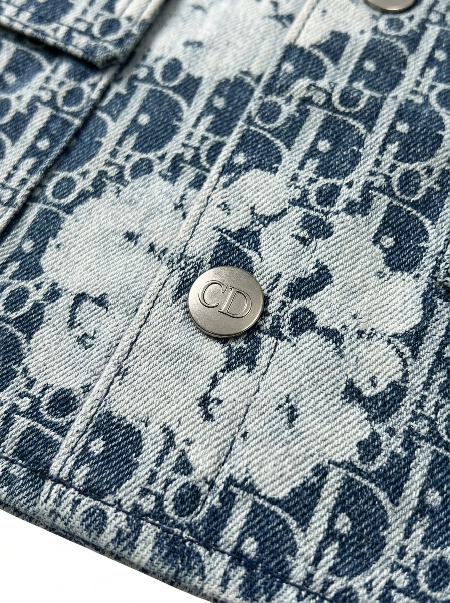 Luxury Designer All-Over Monogram Print Denim Shirt Jacket with Abstract Bleach Effect