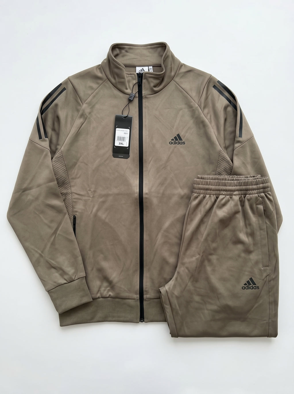 Adidas Men's Full-Zip Tracksuit Set – Taupe Brown Stand-Collar Track Jacket and Joggers Sportswear