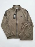 Adidas Men's Full-Zip Tracksuit Set – Taupe Brown Stand-Collar Track Jacket and Joggers Sportswear