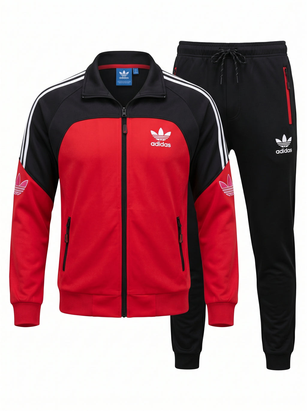 Adidas Men's Colorblock Tracksuit Set – Red and Black Full-Zip Track Jacket and Joggers Trefoil Sportswear