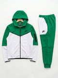 Nike Men's Colorblock Tracksuit Set – Green and White Full-Zip Tech Hoodie and Joggers Fleece Sportswear Set