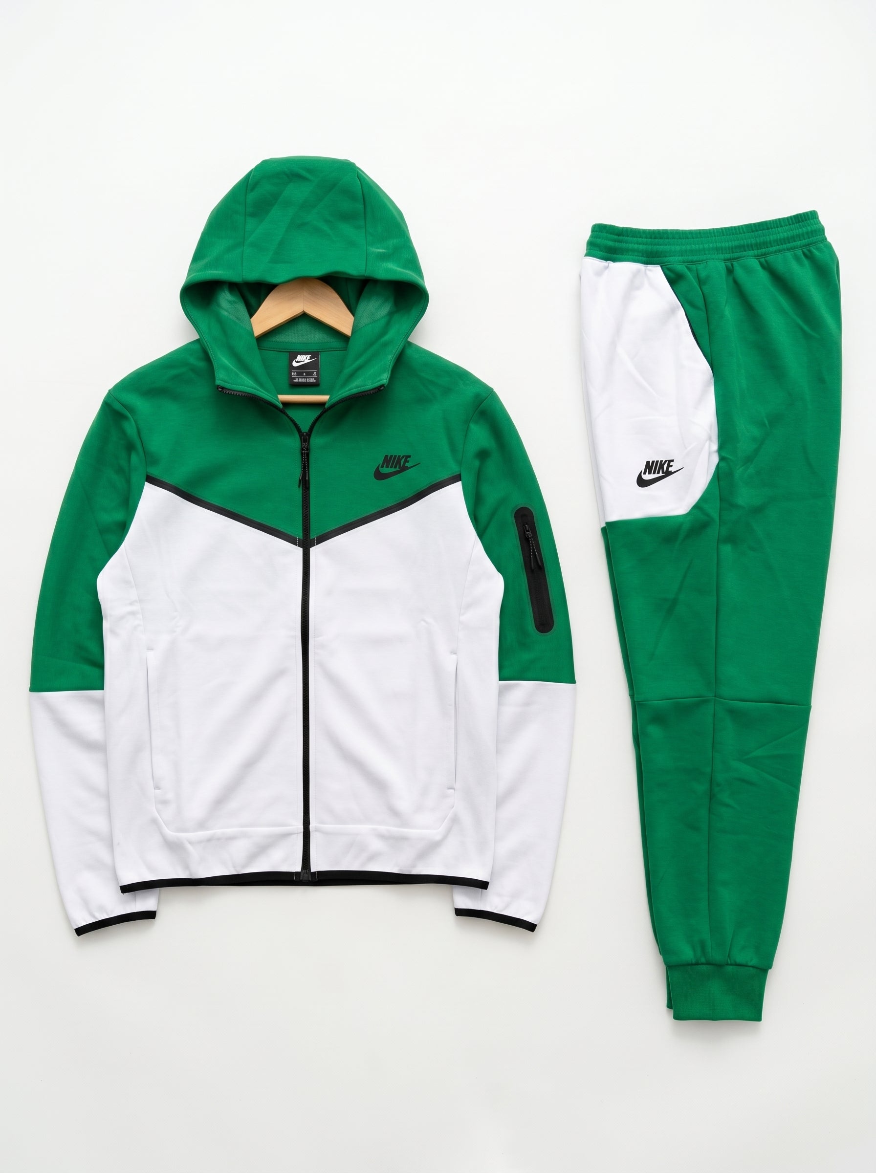 Nike Men's Colorblock Tracksuit Set – Green and White Full-Zip Tech Hoodie and Joggers Fleece Sportswear Set