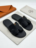 Oran Sandals in Black Leather with Strass Crystal Embellishments – Luxury  Flat Slide Sandals