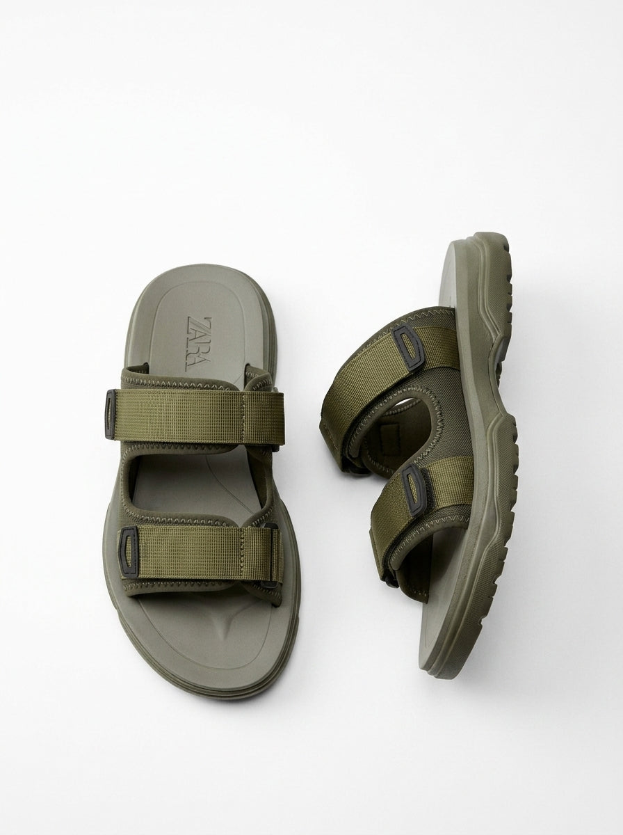 Men's Khaki Green Utility Sport Sandals – Adjustable Double Webbing Straps, Chunky Textured Sole Slide Slippers, Comfort Outdoor Walking Sandals