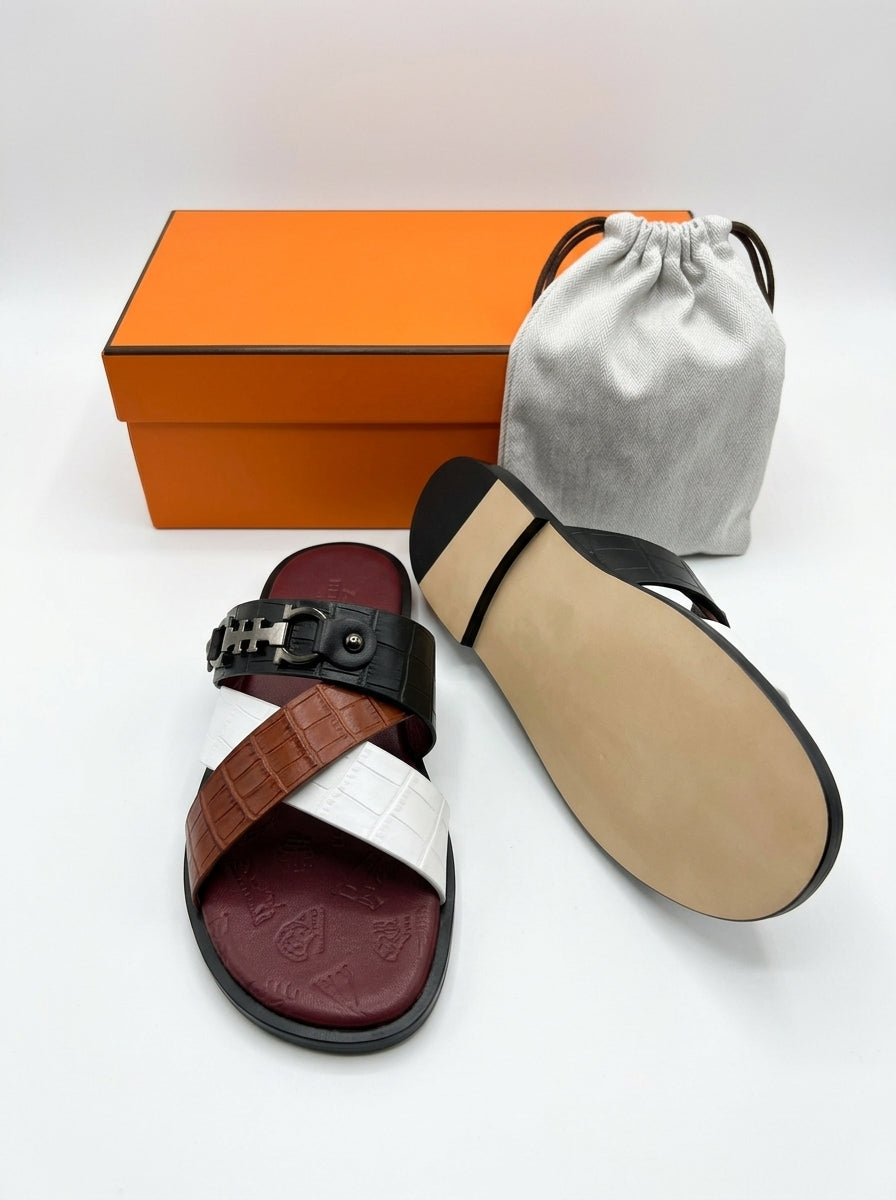 Men's Premium Multi-Color Croc-Embossed Leather Sandals – Luxury Criss-Cross Straps with Metallic Hardware Buckle, Comfort Sole Slide Slippers