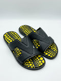 Men's Luxury Black and Yellow Geometric Slides – Pebbled Leather Cutout Sandals with Graphic Polka-Dot Footbed, Premium Comfort Slip-On Slippers