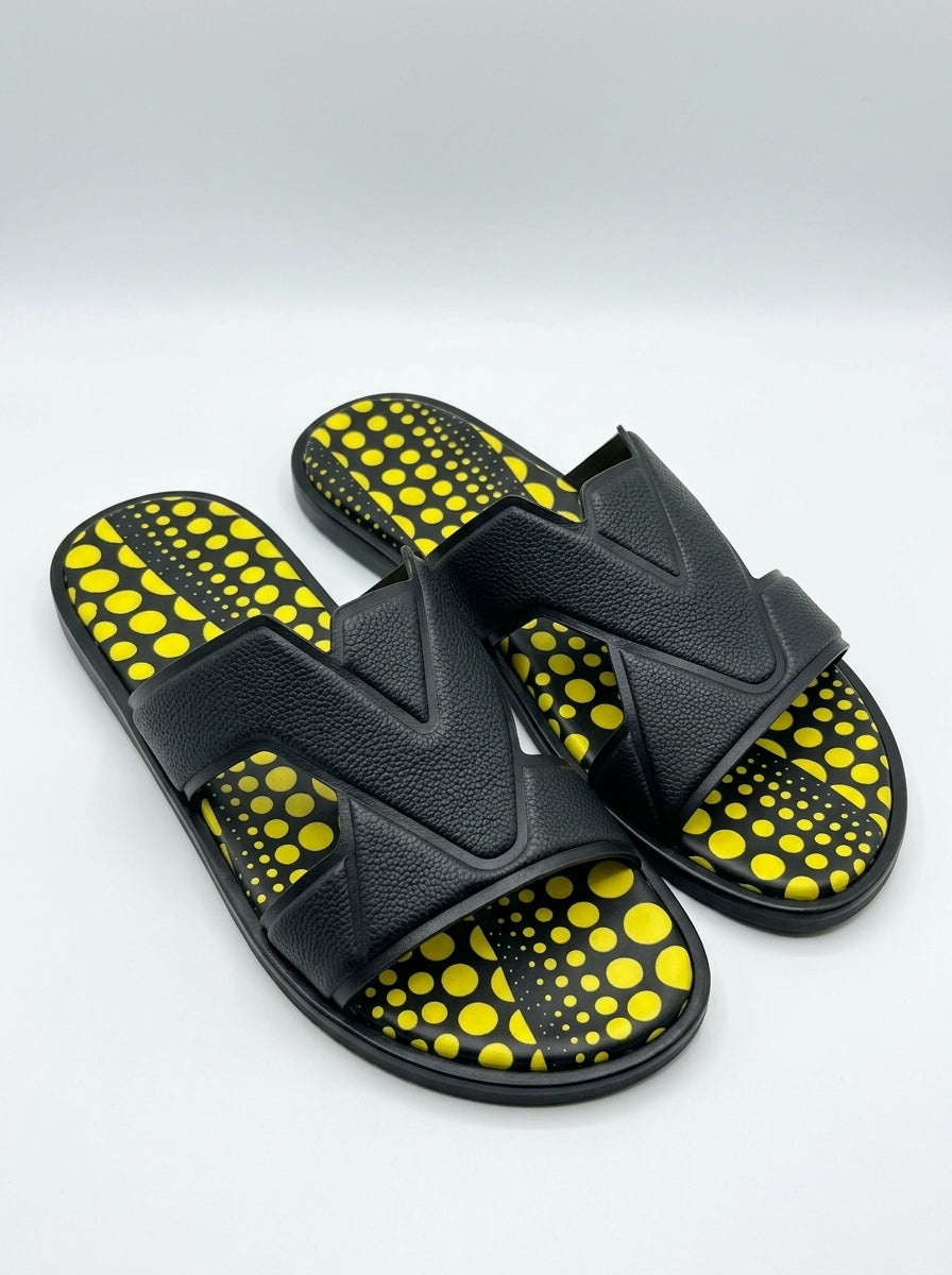 Men's Luxury Black and Yellow Geometric Slides – Pebbled Leather Cutout Sandals with Graphic Polka-Dot Footbed, Premium Comfort Slip-On Slippers