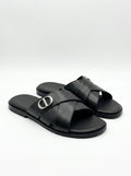Men's Luxury Black Textured Leather Criss-Cross Sandals – Premium Slide Slippers with Silver Metallic CD Hardware, Designer Summer Footwear