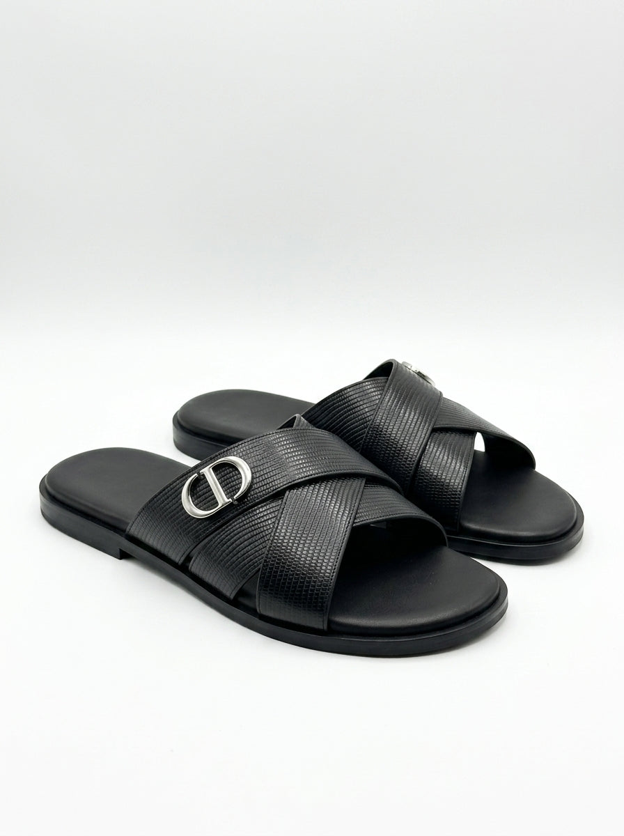 Men's Luxury Black Textured Leather Criss-Cross Sandals – Premium Slide Slippers with Silver Metallic CD Hardware, Designer Summer Footwear