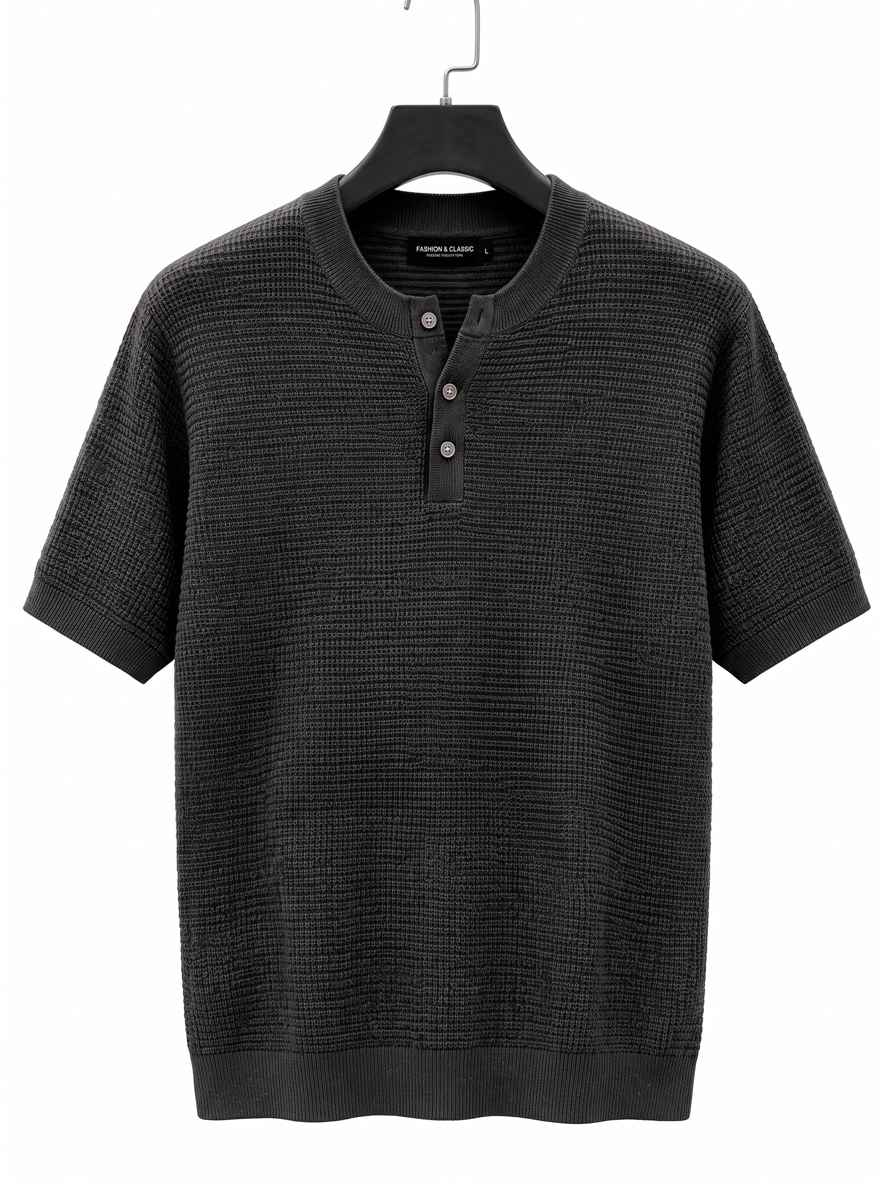 Men's Short Sleeve Knit Henley Shirt – Textured  Casual Polo Knitwear