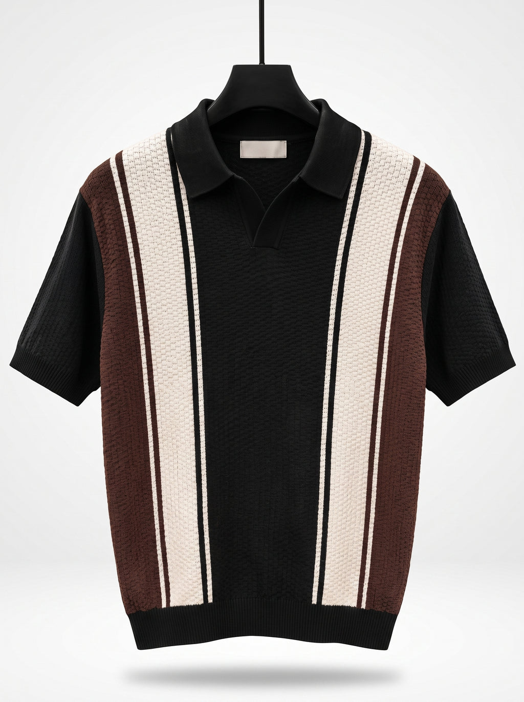 Men's Textured Cabana Knit Polo – Buttonless V-Neck Striped Sweater Shirt, Retro Mod Style Short Sleeve Polo