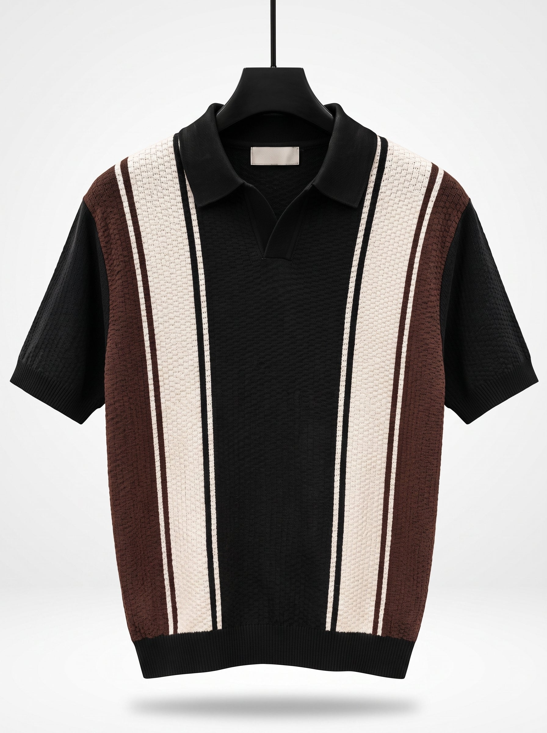 Men's Textured Cabana Knit Polo – Buttonless V-Neck Striped Sweater Shirt, Retro Mod Style Short Sleeve Polo