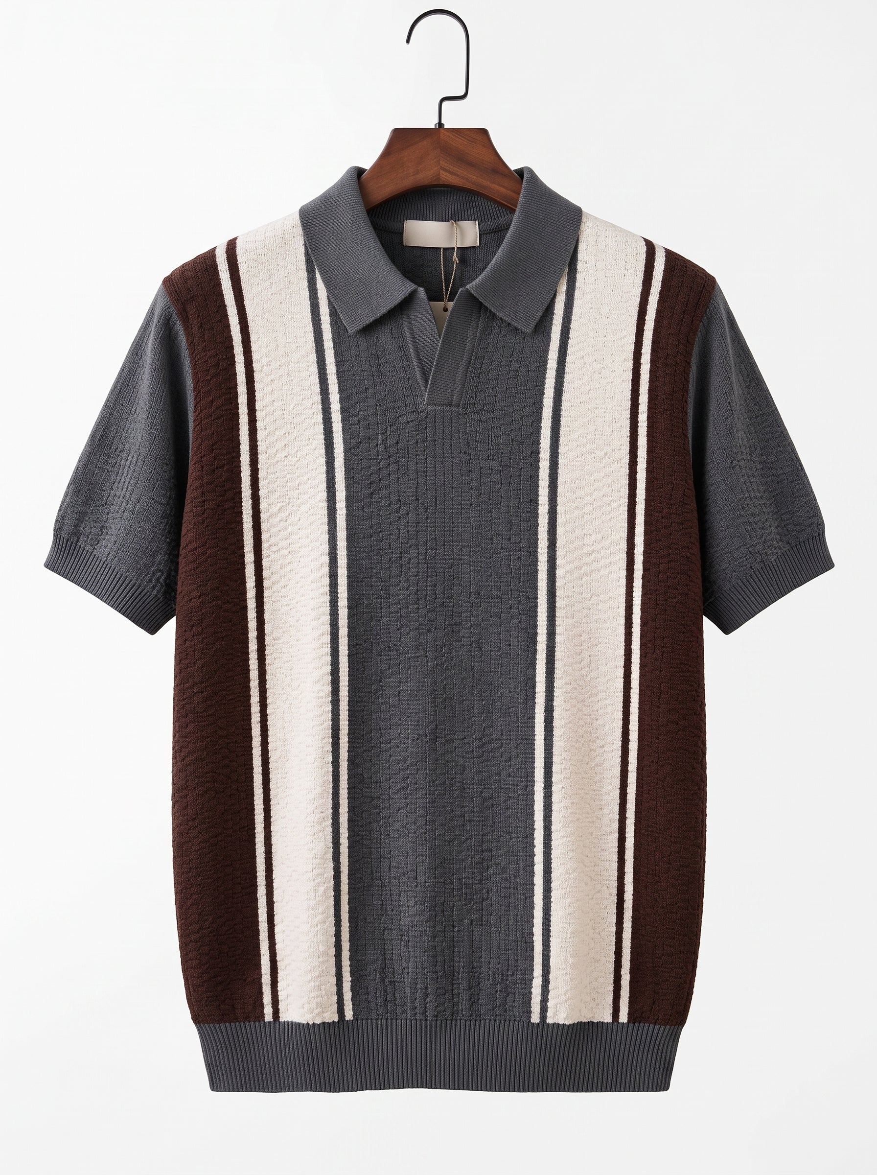 Men's Textured Cabana Knit Polo – Buttonless V-Neck Striped Sweater Shirt, Retro Mod Style Short Sleeve Polo