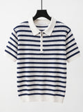 Men's Quarter-Zip Pointelle Knit Polo – Striped Crochet Style Short Sleeve Polo, Navy &amp; White Summer Sweater Shirt