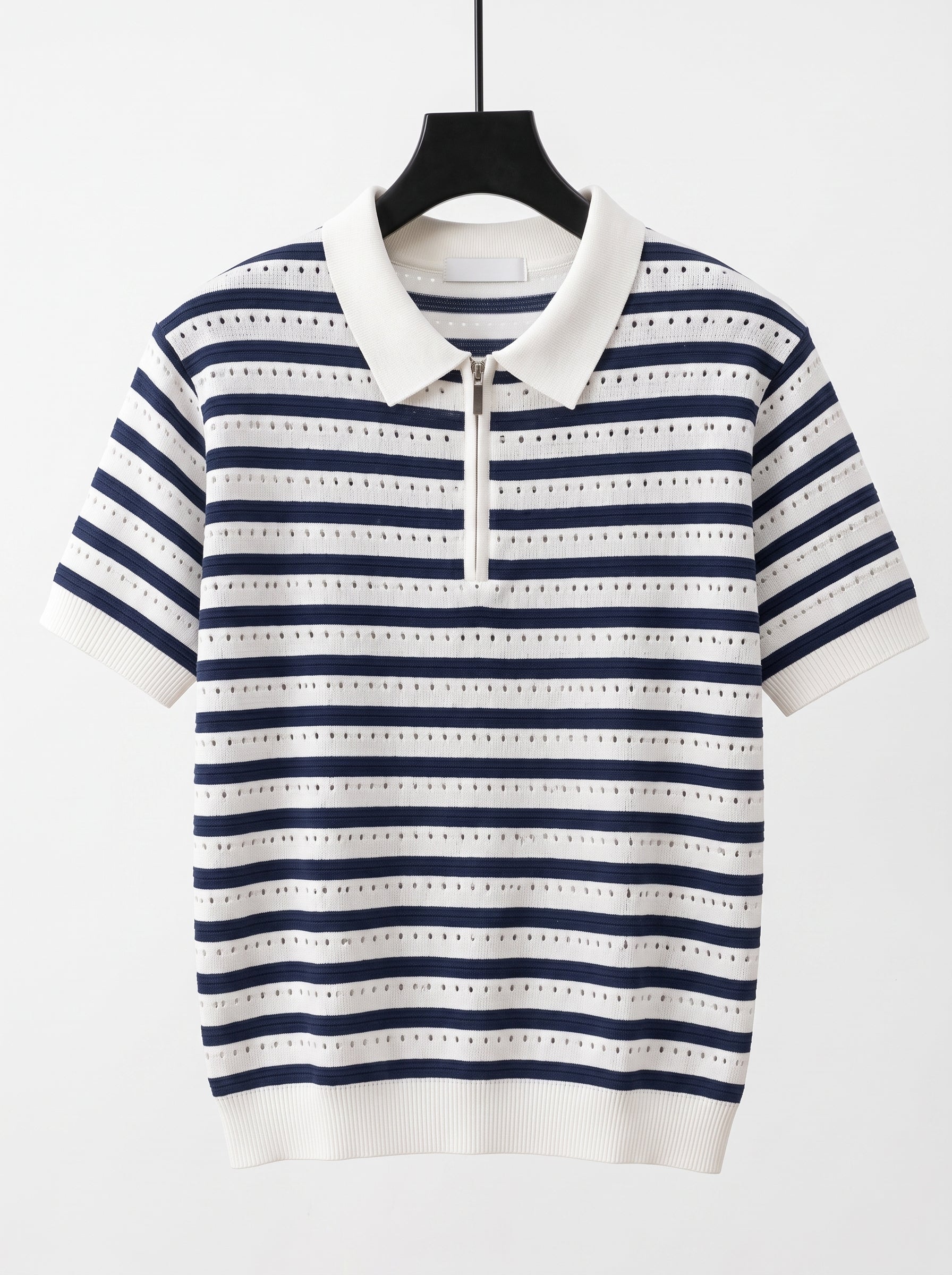 Men's Quarter-Zip Pointelle Knit Polo – Striped Crochet Style Short Sleeve Polo, Navy &amp; White Summer Sweater Shirt