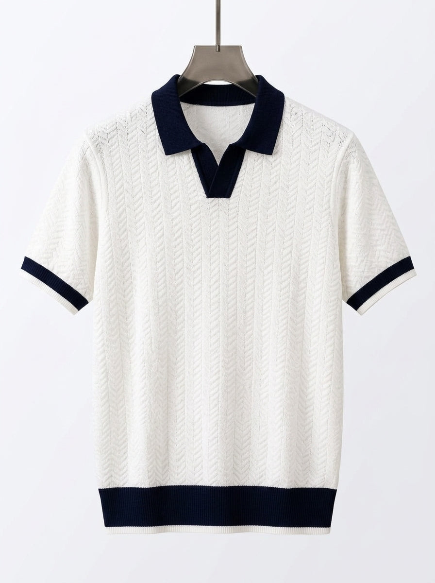 Men's Retro Cable Knit Polo – Casual Short Sleeve Sweater Shirt, Camel & White V-Neck Open Collar Polo