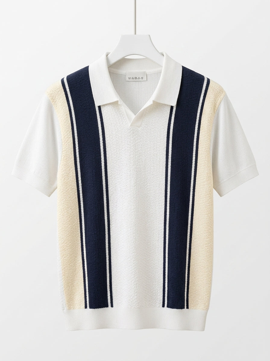 Men's Textured Cabana Knit Polo – Buttonless V-Neck Striped Sweater Shirt, Retro Mod Style Short Sleeve Polo