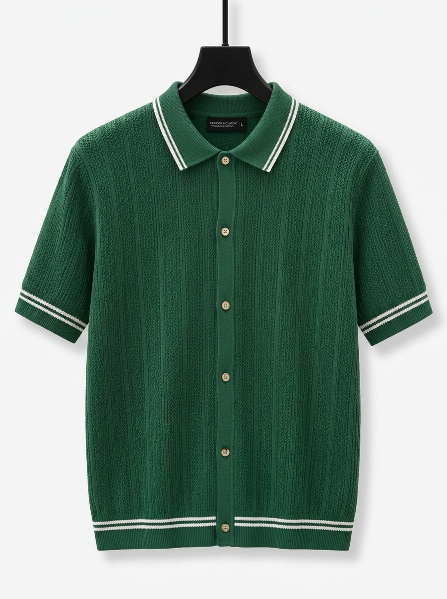 Men's Emerald Green Knit Polo Shirt - Short Sleeve Button-Down Knitwear