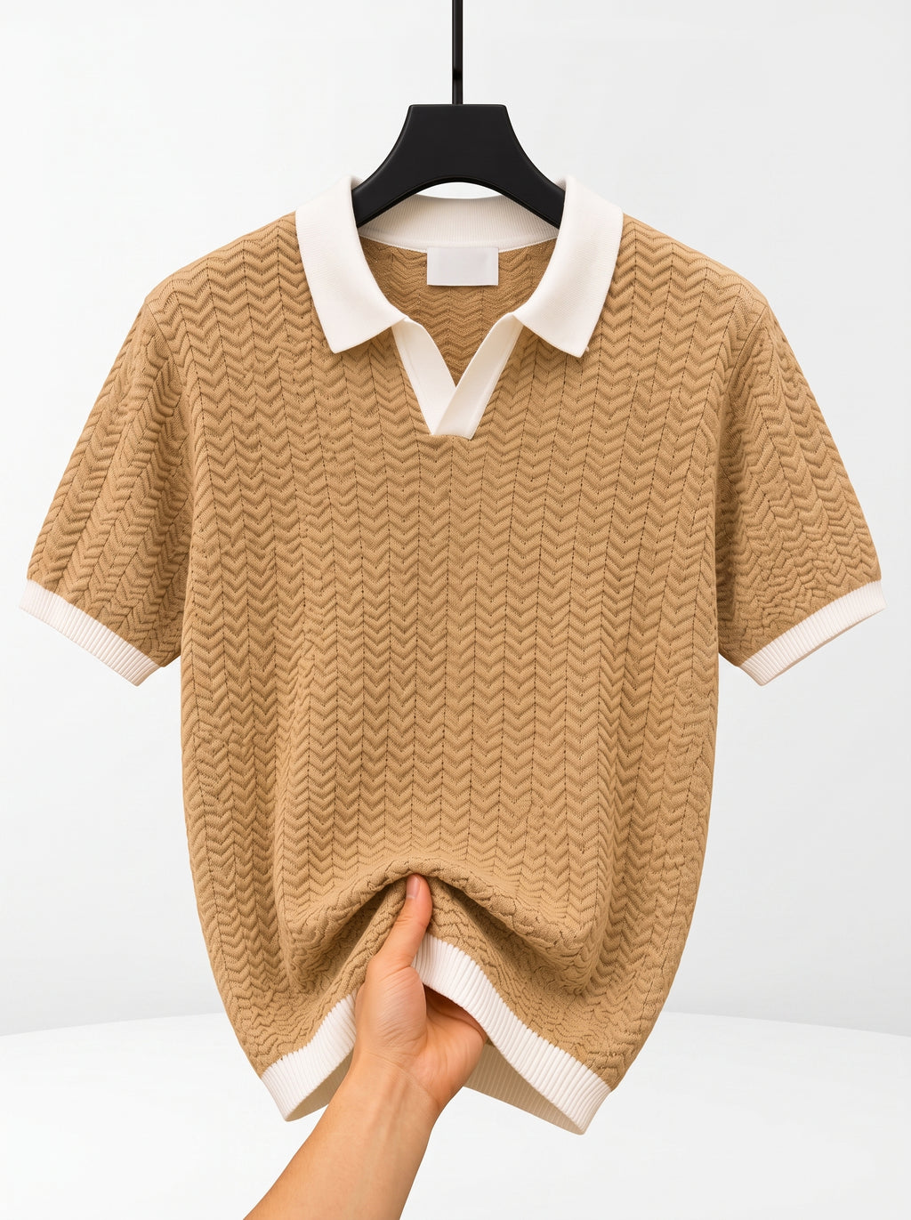 Men's Retro Cable Knit Polo – Casual Short Sleeve Sweater Shirt, Camel & White V-Neck Open Collar Polo