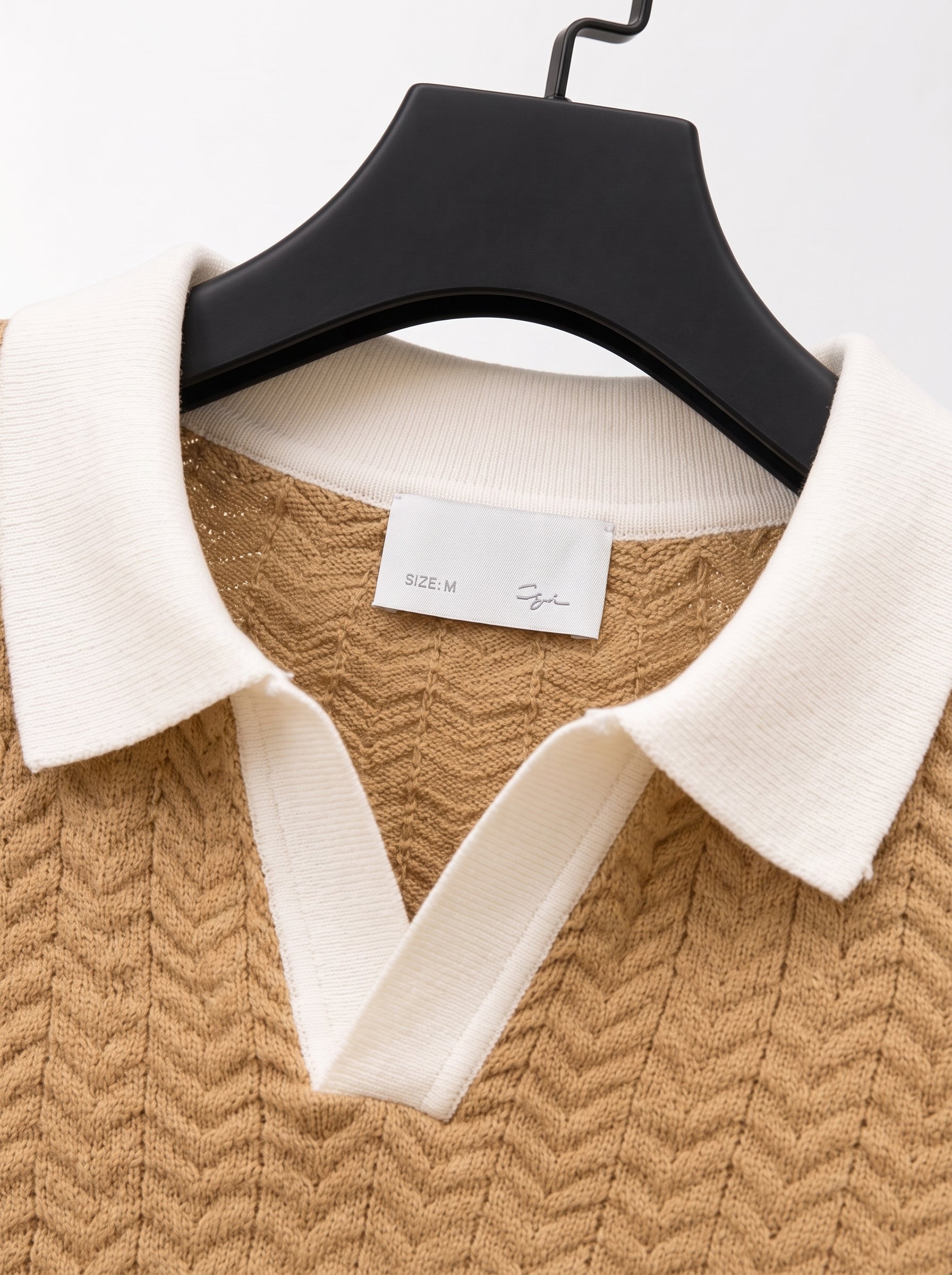 Men's Retro Cable Knit Polo – Casual Short Sleeve Sweater Shirt, Camel & White V-Neck Open Collar Polo