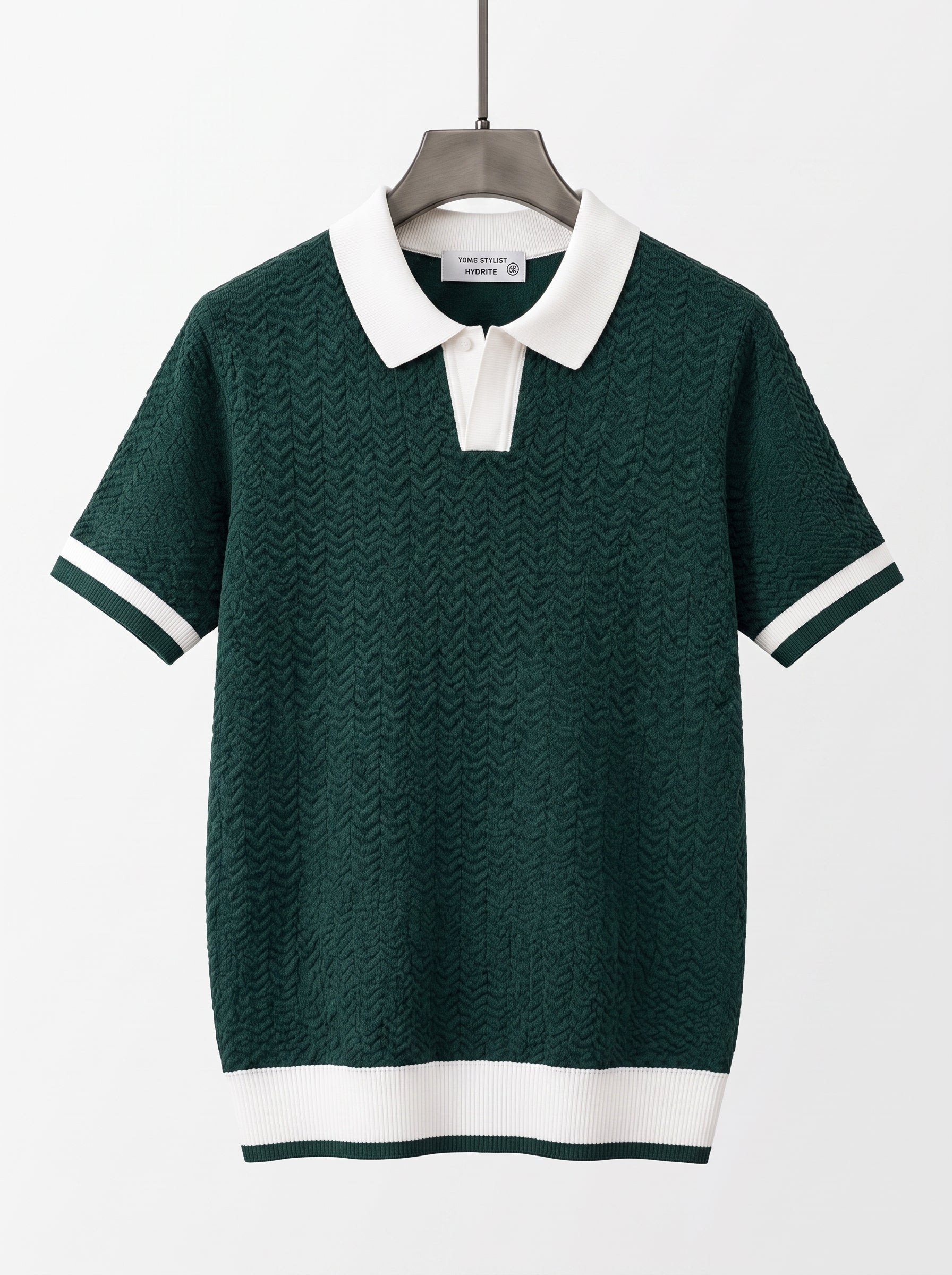 Men's Retro Cable Knit Polo – Casual Short Sleeve Sweater Shirt, Camel & White V-Neck Open Collar Polo
