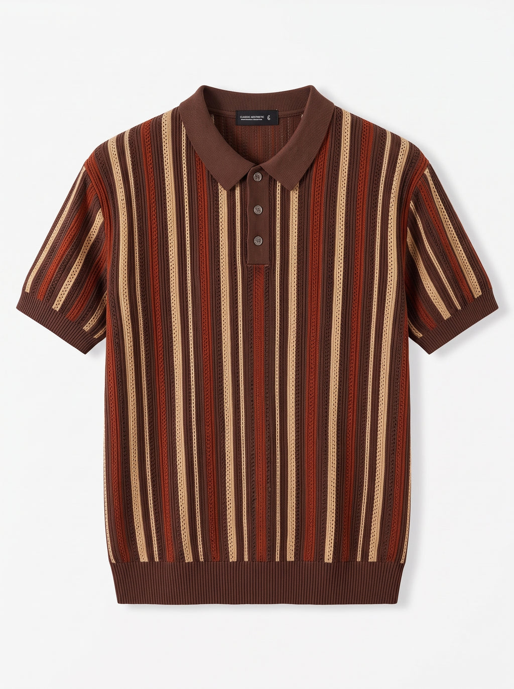 Men's Vintage Textured Knit Polo Shirt – Retro Brown Vertical Striped Short Sleeve Sweater Polo