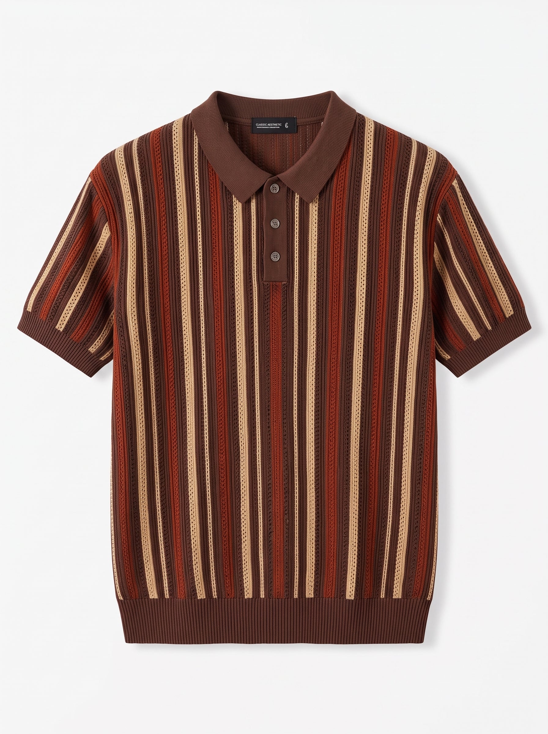 Men's Vintage Textured Knit Polo Shirt – Retro Brown Vertical Striped Short Sleeve Sweater Polo