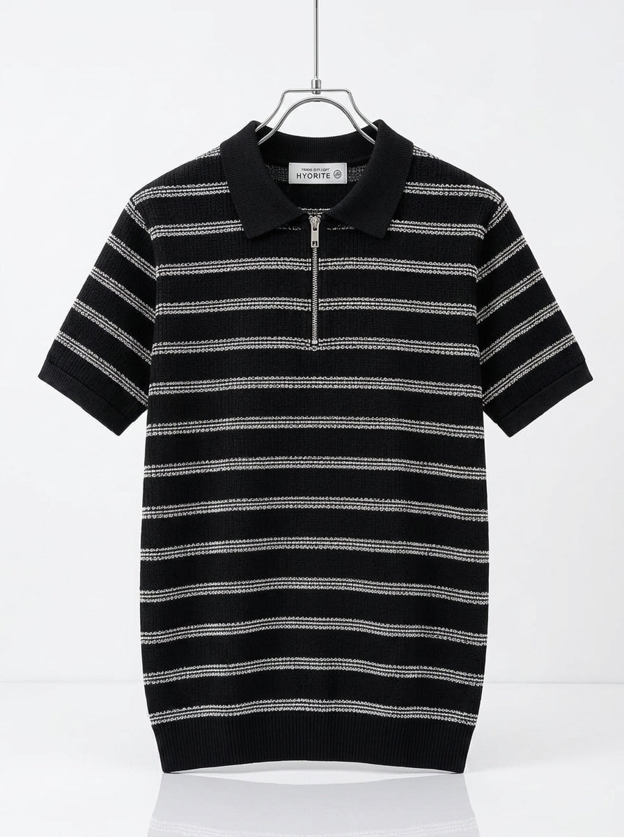 Men's Quarter-Zip Knit Polo Shirt – Short Sleeve Striped Textured Polo, Crimson Red Vintage Sweater Shirt