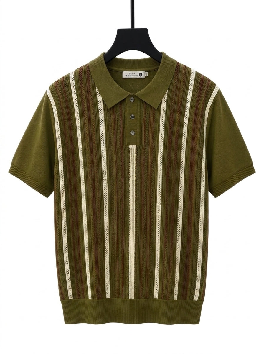 Men's Vintage Textured Knit Polo Shirt – Retro Brown Vertical Striped Short Sleeve Sweater Polo