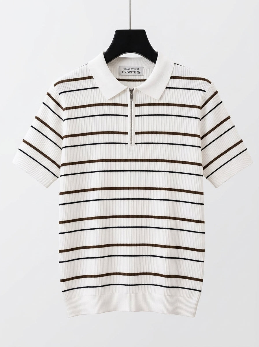 Men's Quarter-Zip Ribbed Knit Polo Shirt – White Horizontal Striped Short Sleeve Sweater Polo