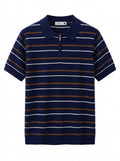 Men's Quarter-Zip Ribbed Knit Polo Shirt – White Horizontal Striped Short Sleeve Sweater Polo