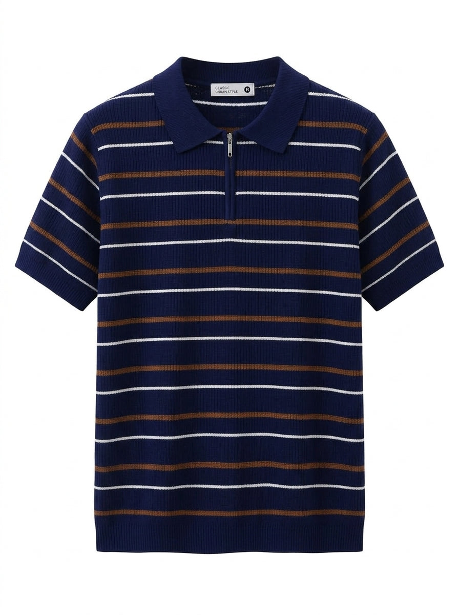 Men's Quarter-Zip Ribbed Knit Polo Shirt – White Horizontal Striped Short Sleeve Sweater Polo