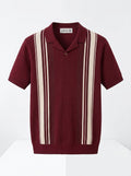 Men's Vintage Knit Polo Shirt – Retro Brown & Cream Vertical Striped Short Sleeve Sweater Polo
