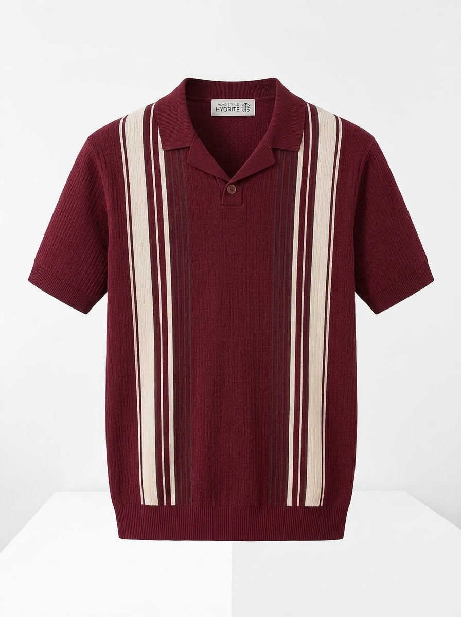 Men's Vintage Knit Polo Shirt – Retro Brown & Cream Vertical Striped Short Sleeve Sweater Polo