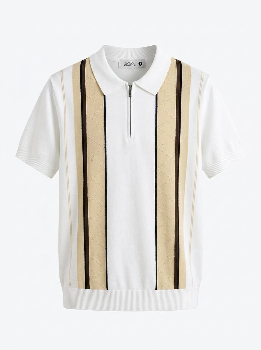 Men's Vintage Knit Polo Shirt – Retro Brown & Cream Vertical Striped Short Sleeve Sweater Polo