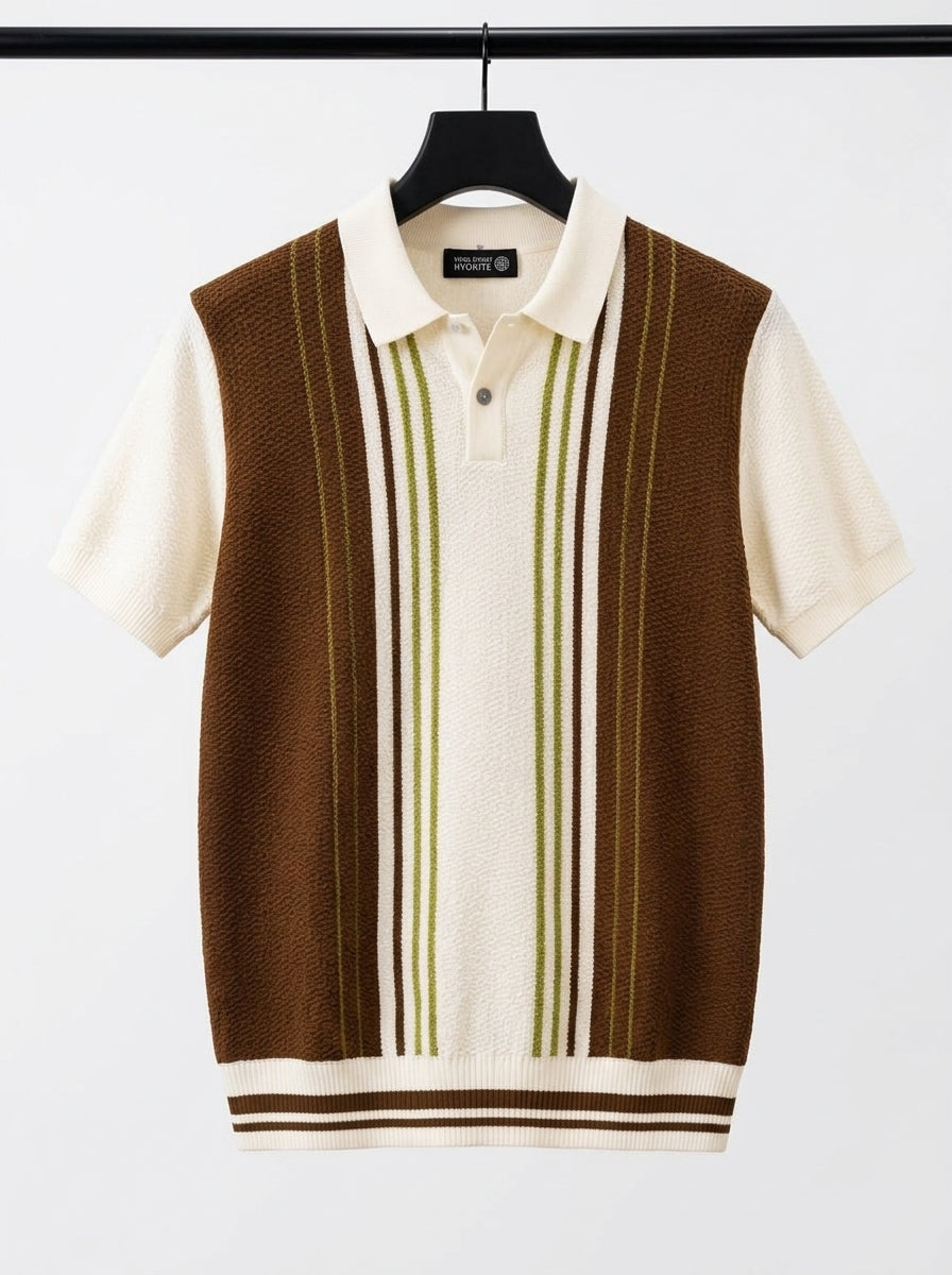 Men's Vintage Knit Polo Shirt – Retro Brown & Cream Vertical Striped Short Sleeve Sweater Polo
