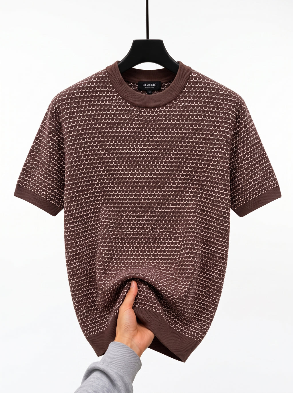 Men's Short Sleeve Jacquard Knit Shirt – Textured Geometric Casual Crewneck Sweater Polo