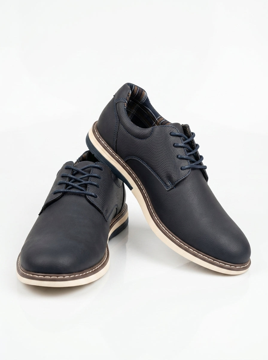 Men's Navy Blue Perforated Leather Derby Shoes - Casual Business Dress Sneakers